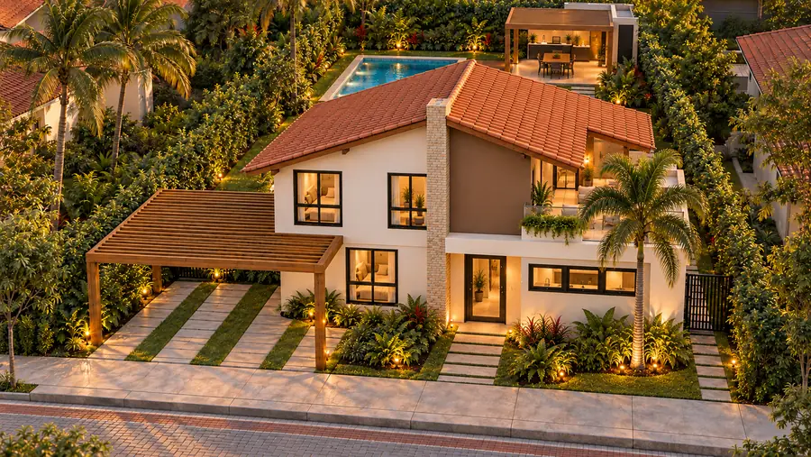 Outro projeto de casa de dois pavimentos visto do alto, com terraço, coqueiro na frente e piscina nos fundos