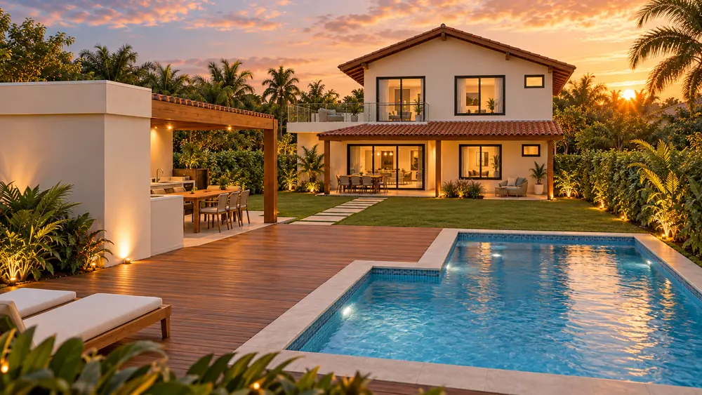 Fundos de uma casa de dois pavimentos ao pôr do sol, com área gourmet, deque de madeira e piscina