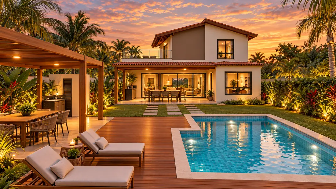 Fundos da mesma casa ao entardecer, com área gourmet coberta, deque de madeira, espreguiçadeiras e piscina iluminada