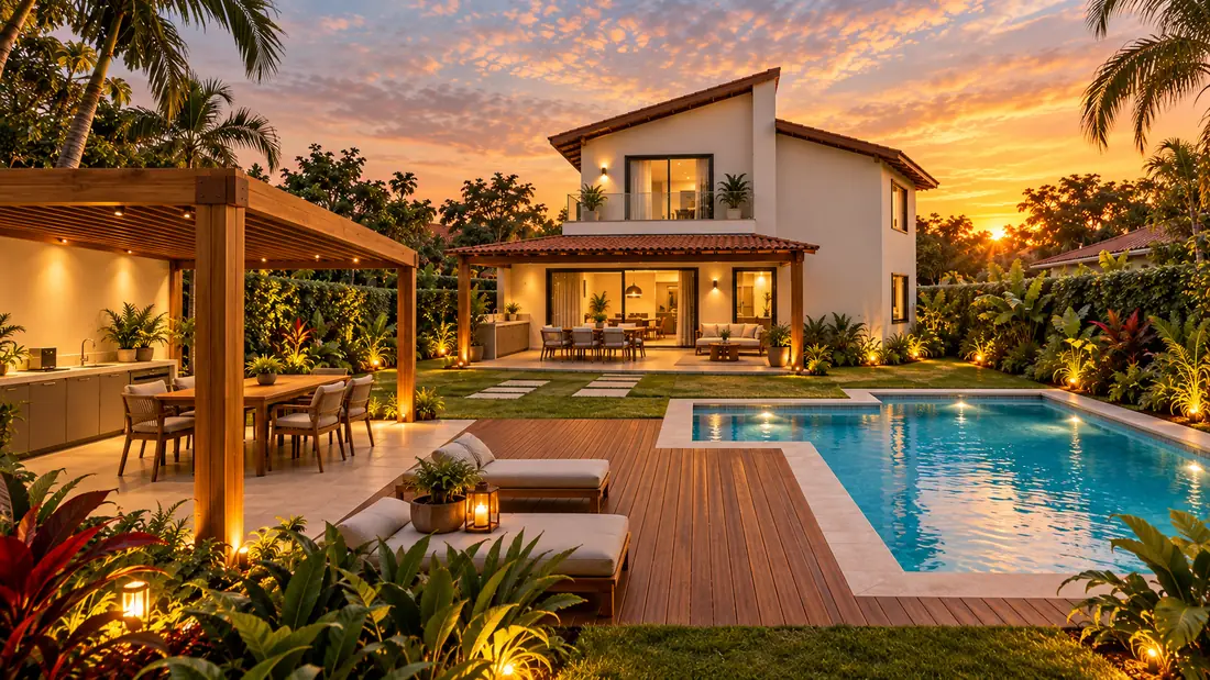 Fundos dessa casa ao entardecer, com varanda no andar de cima, área gourmet, deque e piscina